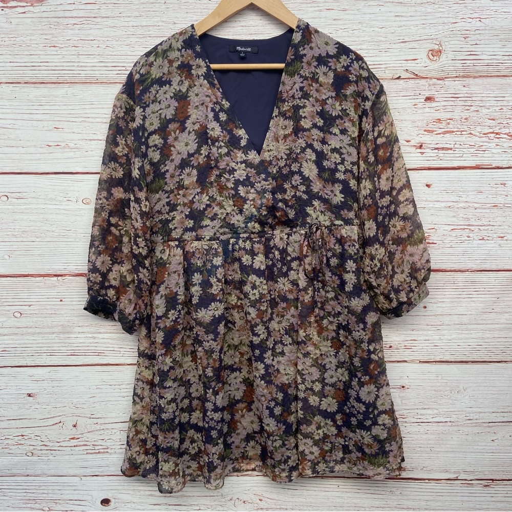 Madewell Drawstring Faux-Wrap Mini Dress in Daisy Reverie Sz S - Picture 7 of 16